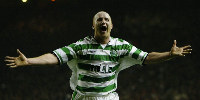 John Hartson of Celtic celebrates scoring the second goal of the match to put his team through to the next round