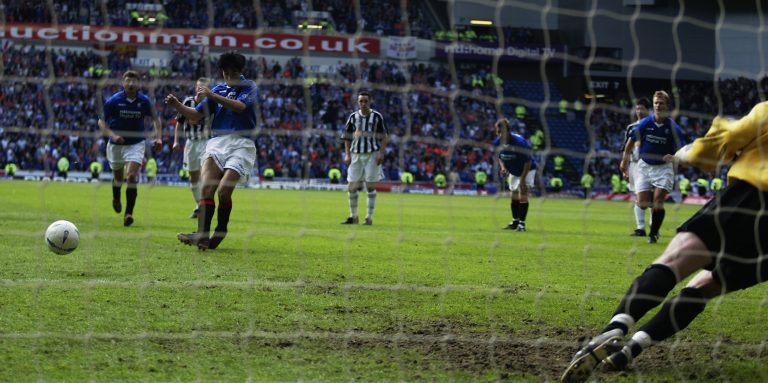 Mikel Arteta of Rangers scores the sixth and most important goal from the penalty spot