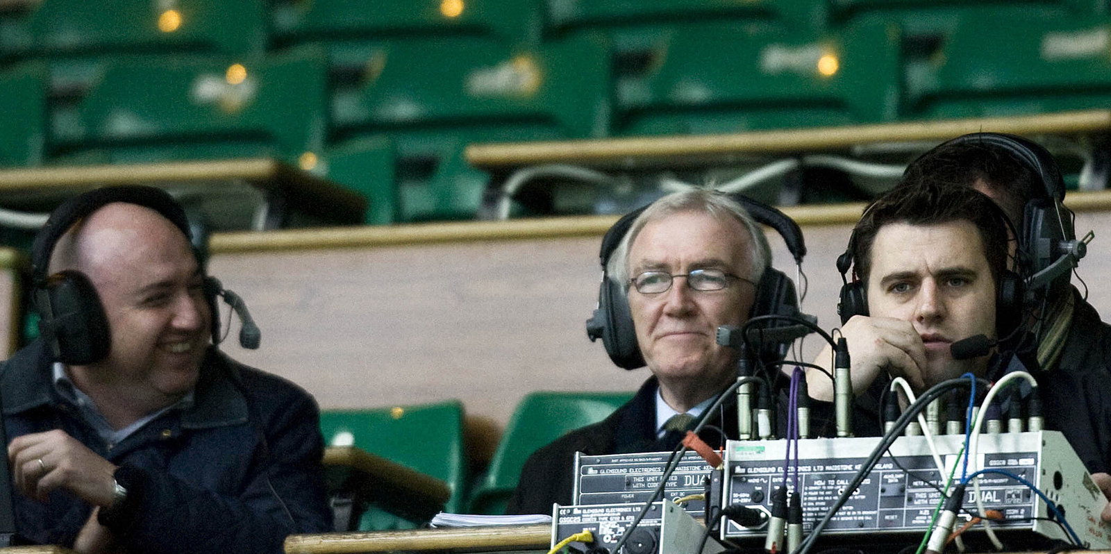 08/11/08 CLYDESDALE BANK PREMIER LEAGUE.CELTIC v MOTHERWELL (2-0).CELTIC PARK - GLASGOW.Radio clyde reporters Mark Guidi and Hugh Keevins   (Photo by Jeff Holmes\SNS Group via Getty Images)