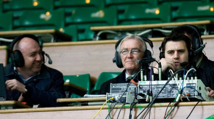 08/11/08 CLYDESDALE BANK PREMIER LEAGUE.CELTIC v MOTHERWELL (2-0).CELTIC PARK - GLASGOW.Radio clyde reporters Mark Guidi and Hugh Keevins   (Photo by Jeff Holmes\SNS Group via Getty Images)