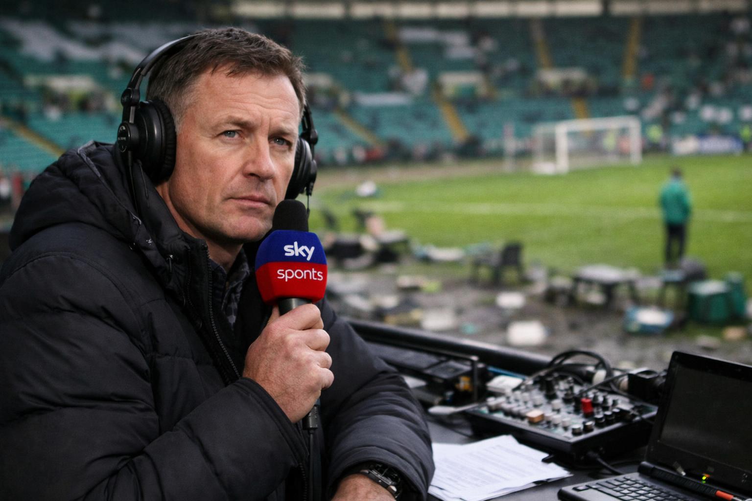 Picture of Chris Sutton of Sky Sports in a commentary position at Celtic park