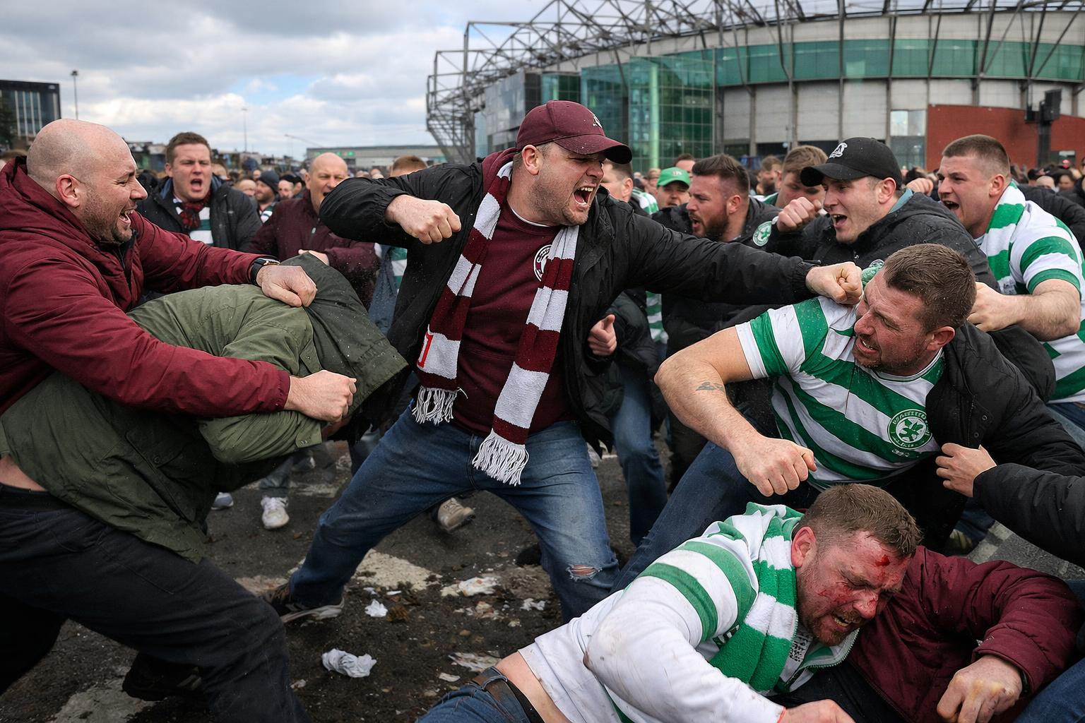 Hearts fans brawling with Celtic fans outside Celtic Park