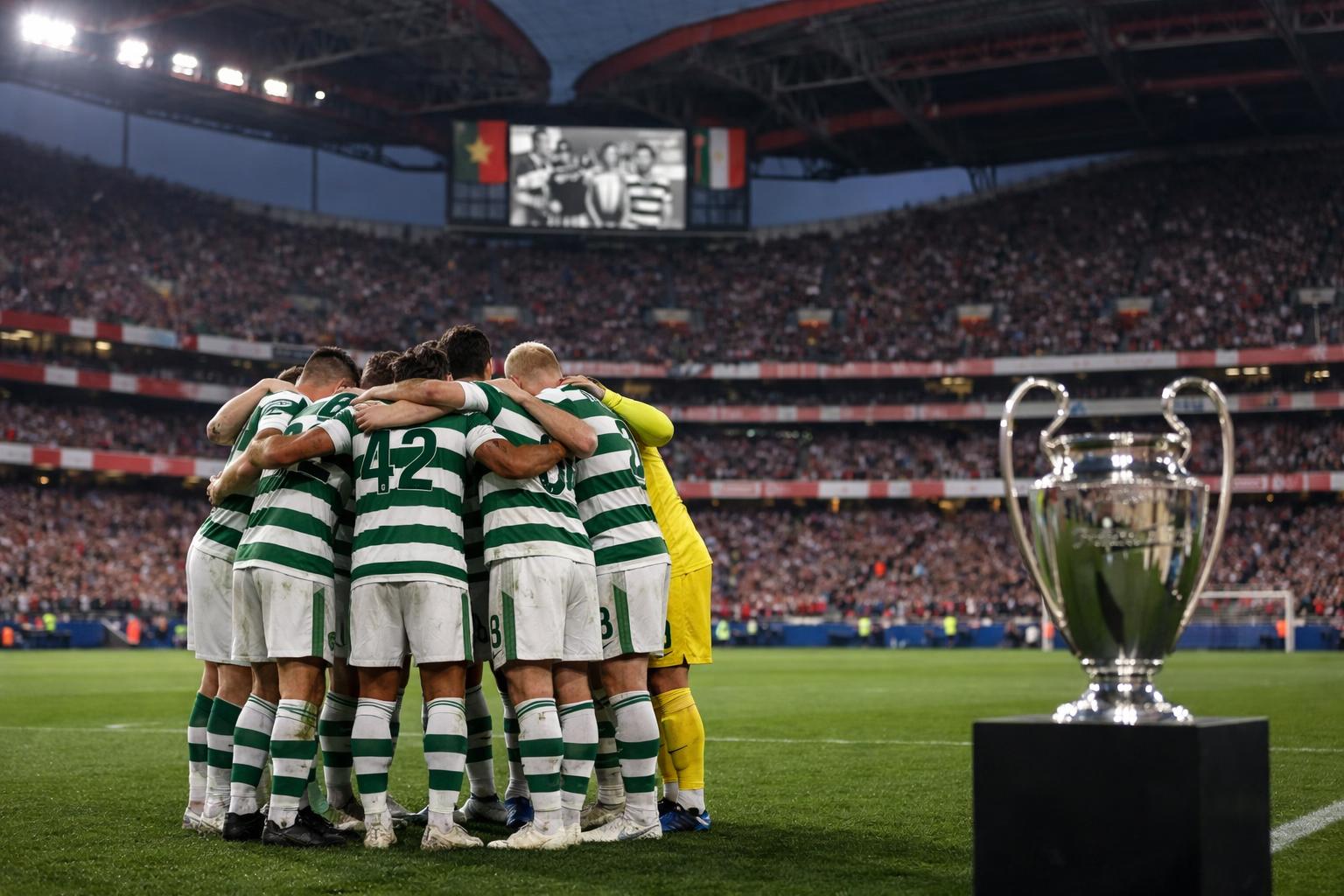 Celtic players in huddle at benfica stadium
