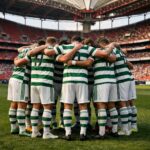 Celtic players in huddle at benfica stadium