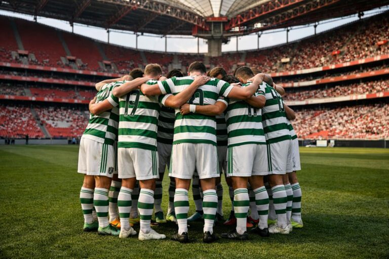 Celtic players in huddle at benfica stadium