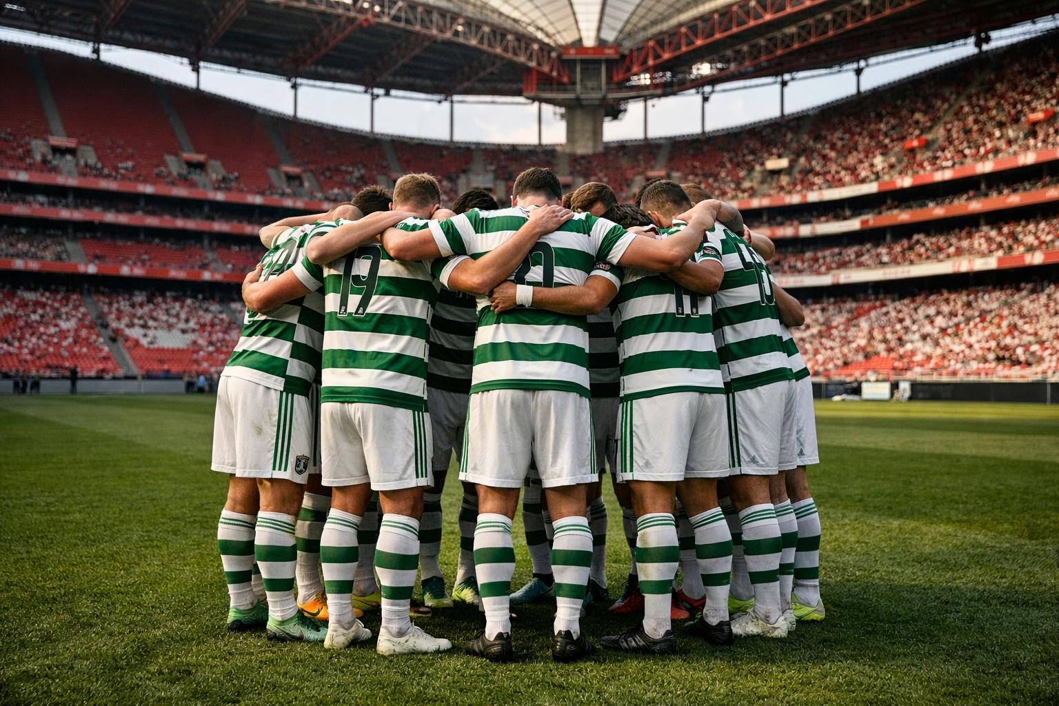 Celtic players in huddle at benfica stadium