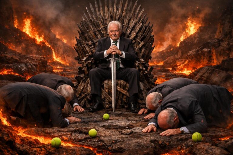 Dermot Desmond sitting on an iron throne with a sword whilst Celtic board members lie on their hands and knees bowing to him