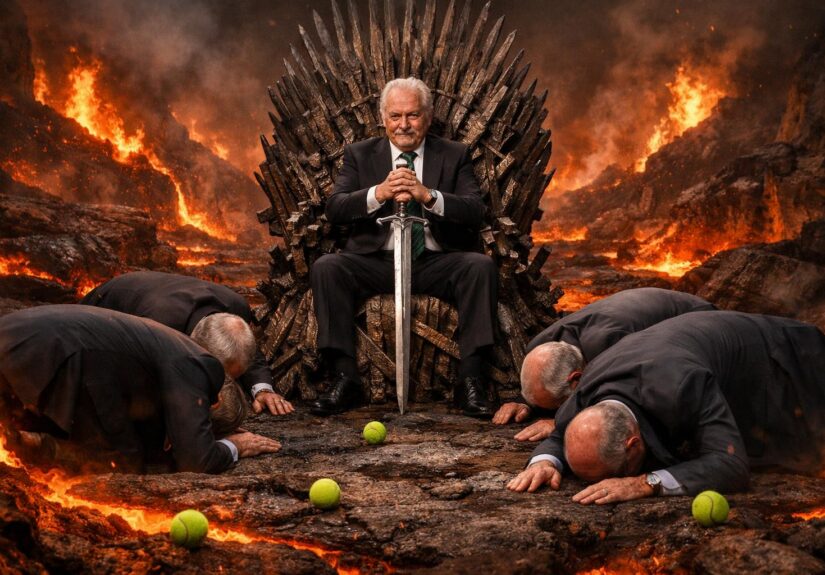 Dermot Desmond sitting on an iron throne with a sword whilst Celtic board members lie on their hands and knees bowing to him