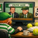 Cartoon style Celtic agm being on a computer with the Celtic board members, Michael Nicholson and dermot Desmond