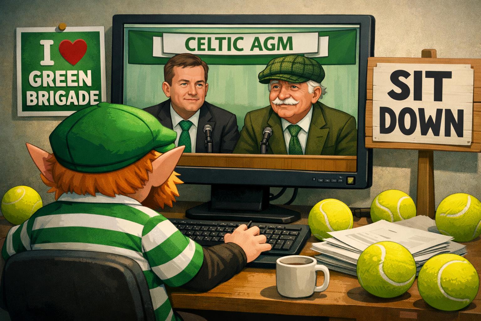 Cartoon style Celtic agm being on a computer with the Celtic board members, Michael Nicholson and dermot Desmond