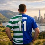 Celtic shirt with half celtic hoops and half blue with ihmig on the back