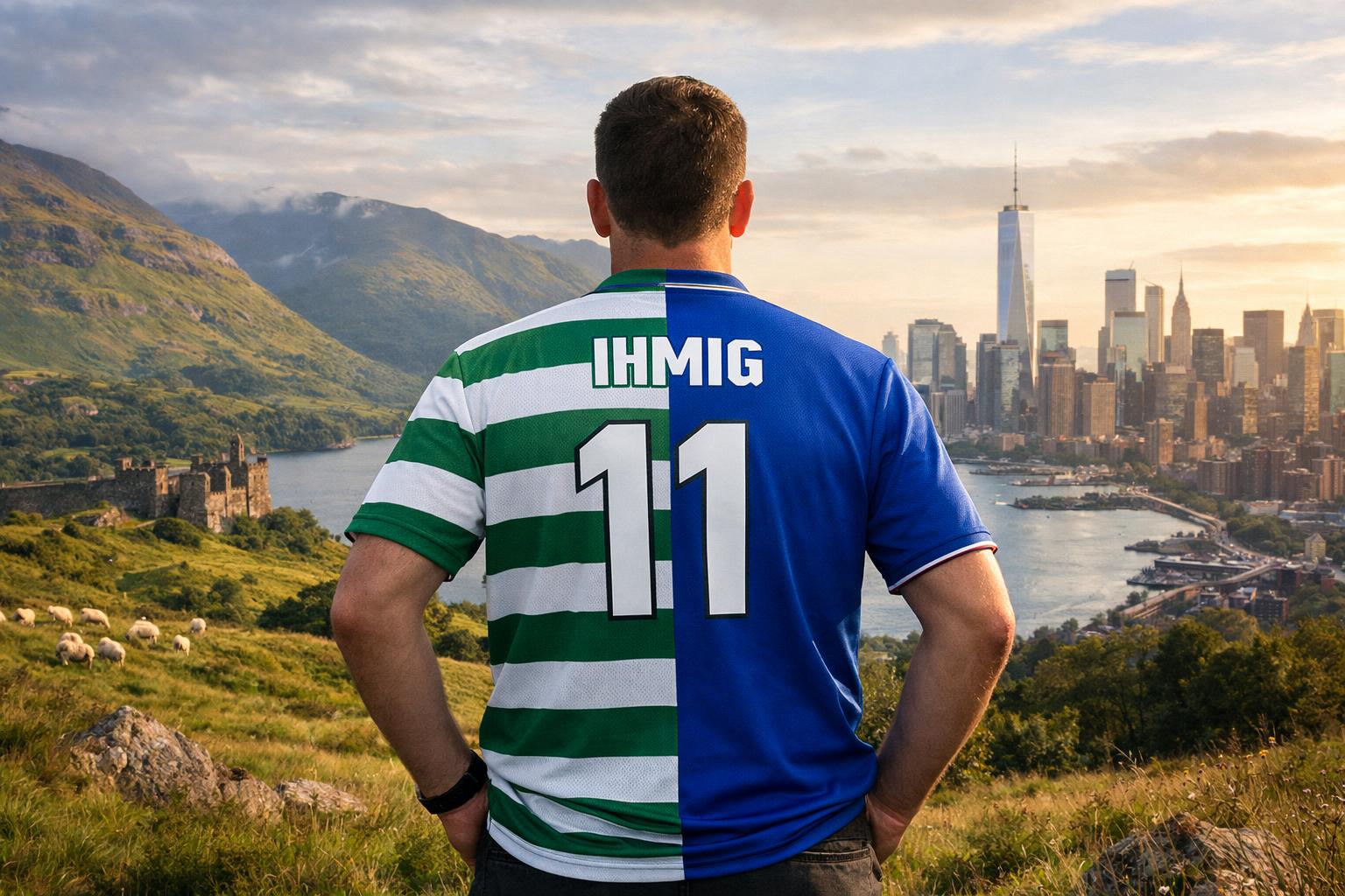 Celtic shirt with half celtic hoops and half blue with ihmig on the back