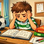 A boy studying with a Celtic top on and maths and English books and a football on the table