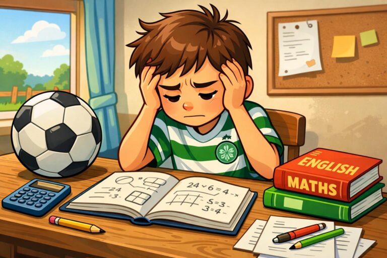 A boy studying with a Celtic top on and maths and English books and a football on the table