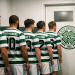 Medical door with Celtic fc logo on it and a line of Celtic players with their backs turned