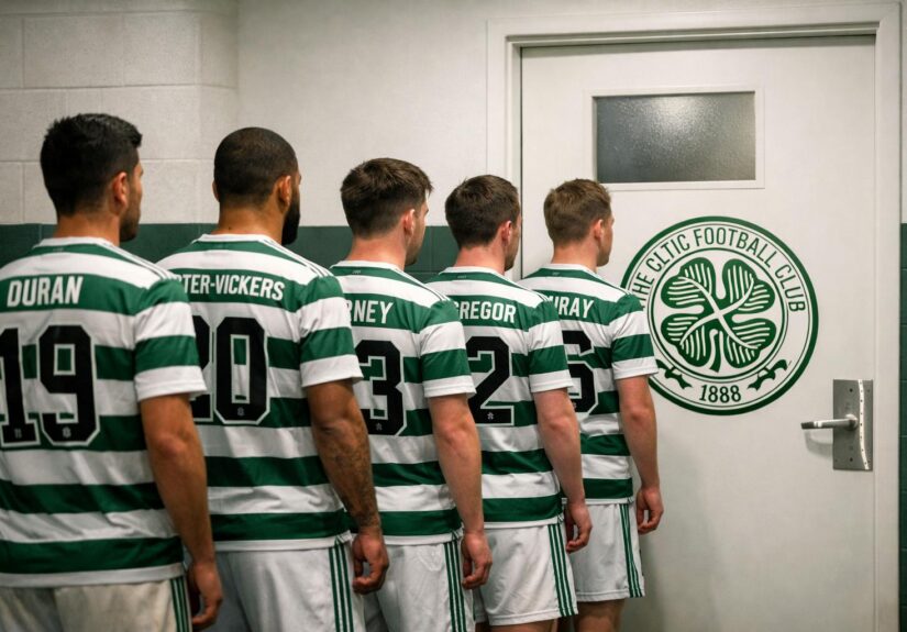 Medical door with Celtic fc logo on it and a line of Celtic players with their backs turned
