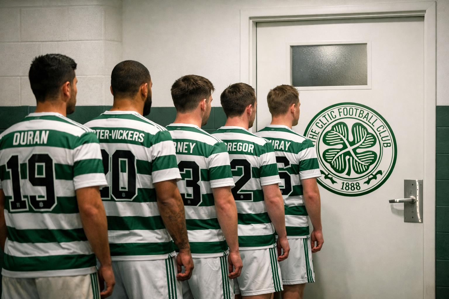 Medical door with Celtic fc logo on it and a line of Celtic players with their backs turned