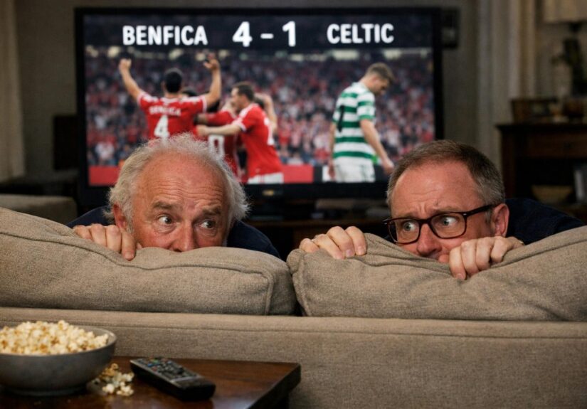 Dermot Desmond and Michael Nicholson (Celtic executive) with glasses hiding behind their couch whilst watching tv as the scre