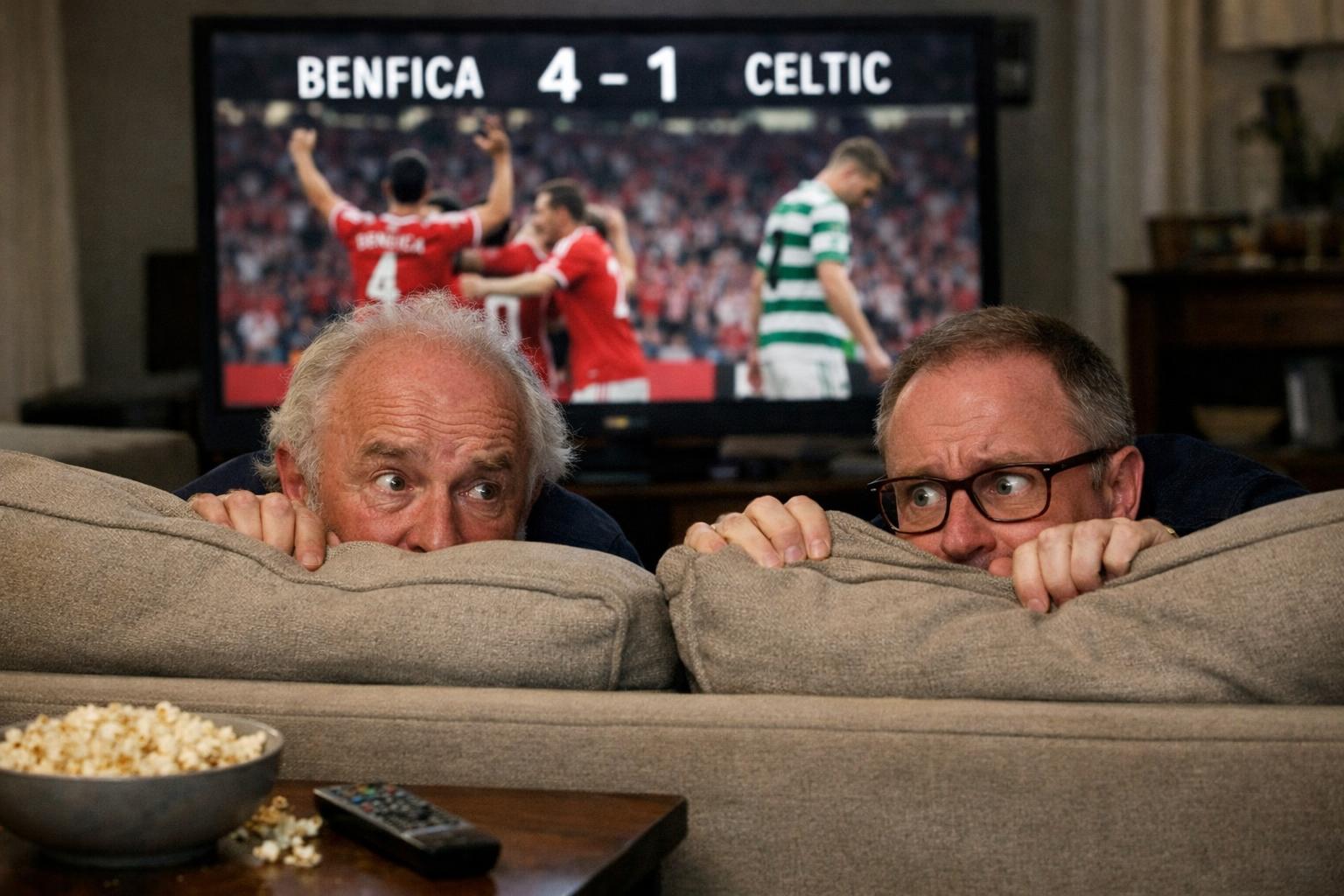 Dermot Desmond and Michael Nicholson (Celtic executive) with glasses hiding behind their couch whilst watching tv as the scre