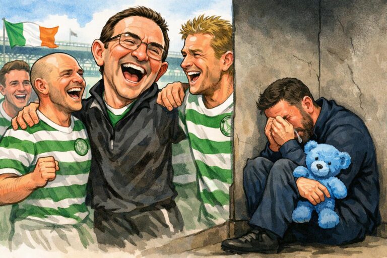 Cartoon of Martin O’Neill laughing with Celtic players and derek mcinness crying in corner with blue teddy bear