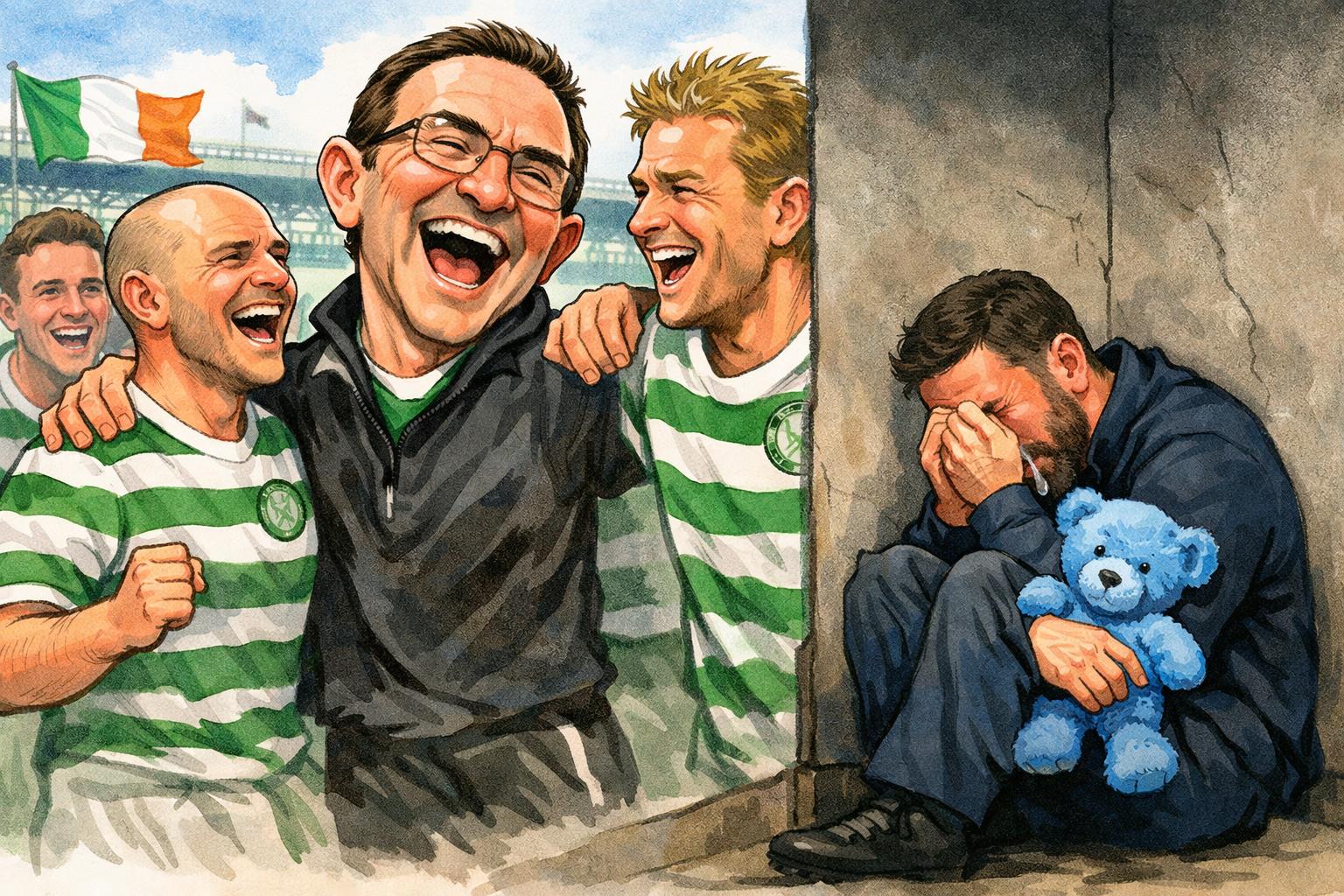 Cartoon of Martin O’Neill laughing with Celtic players and derek mcinness crying in corner with blue teddy bear