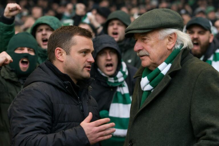 Shaun Maloney talking with Dermot Desmond as angry green Birgade Celtic supporters are in the background