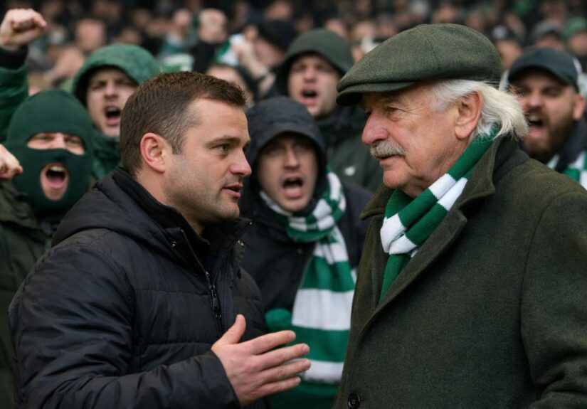 Shaun Maloney talking with Dermot Desmond as angry green Birgade Celtic supporters are in the background