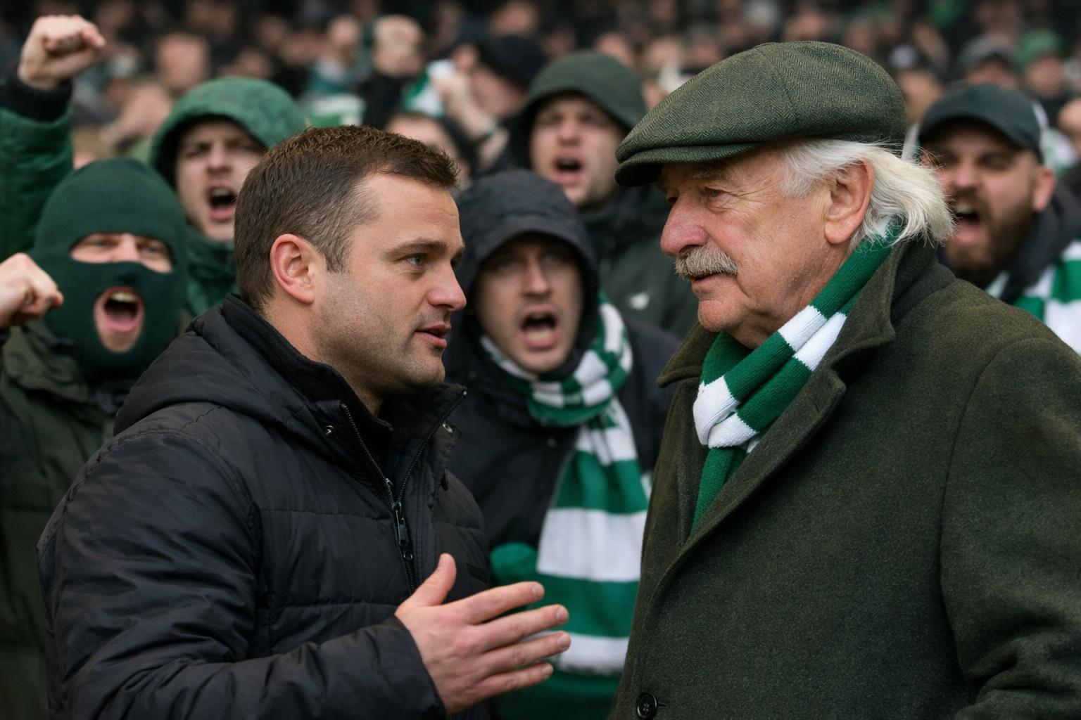 Shaun Maloney talking with Dermot Desmond as angry green Birgade Celtic supporters are in the background