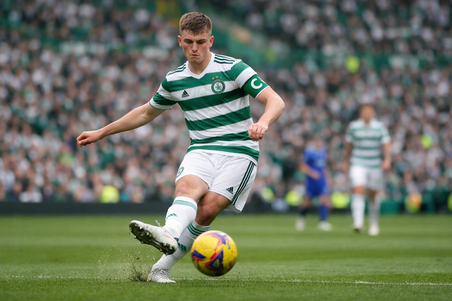 Dane Murray with celtic captains arm band on passingthe ball in celtic park