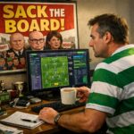 Cartoon of a dad playing football manager with a sack the board poster in the background, a Celtic top on and a cup of tea in