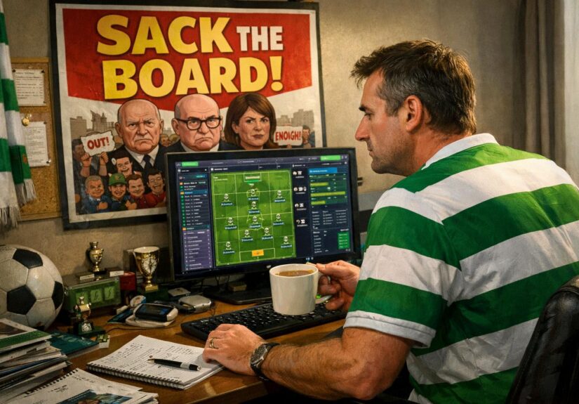 Cartoon of a dad playing football manager with a sack the board poster in the background, a Celtic top on and a cup of tea in