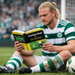 Celtic’s Kasper Høgh (with the blonde ponytail and facial hair) reading a “scoring a goal for dummies” book