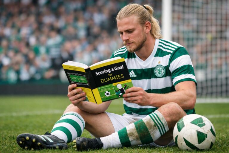 Celtic’s Kasper Høgh (with the blonde ponytail and facial hair) reading a “scoring a goal for dummies” book