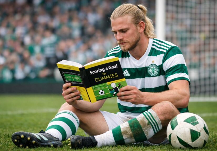 Celtic’s Kasper Høgh (with the blonde ponytail and facial hair) reading a “scoring a goal for dummies” book