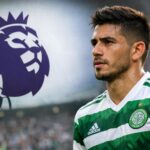 Camilo duran Celtic striker with a premier league logo in the background