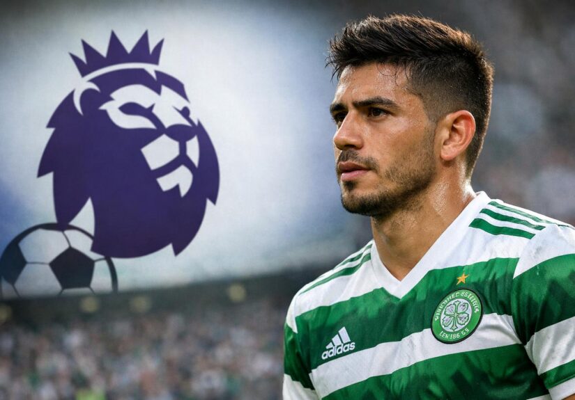 Camilo duran Celtic striker with a premier league logo in the background