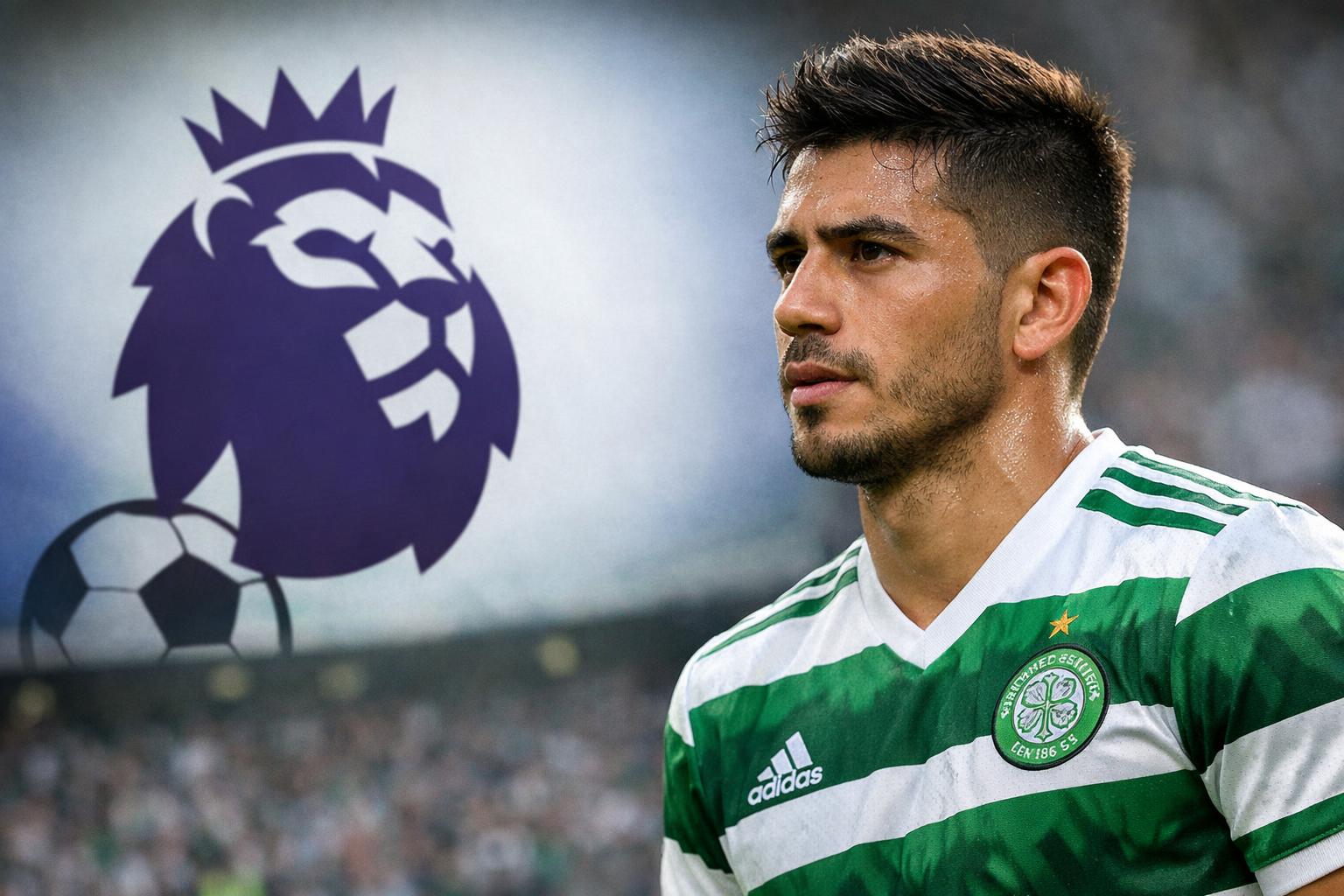 Camilo duran Celtic striker with a premier league logo in the background