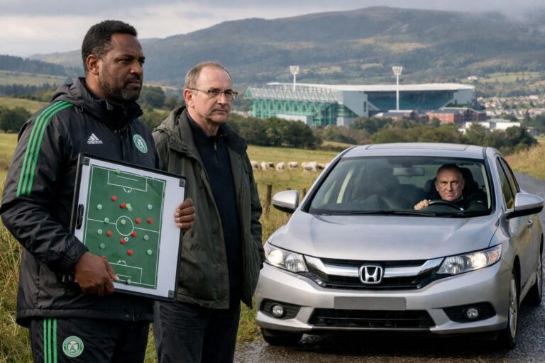 Wilfred Nancy (with a plastic board), Martin O’Neill, Brendan Rodgers Celtic driving a silver honda