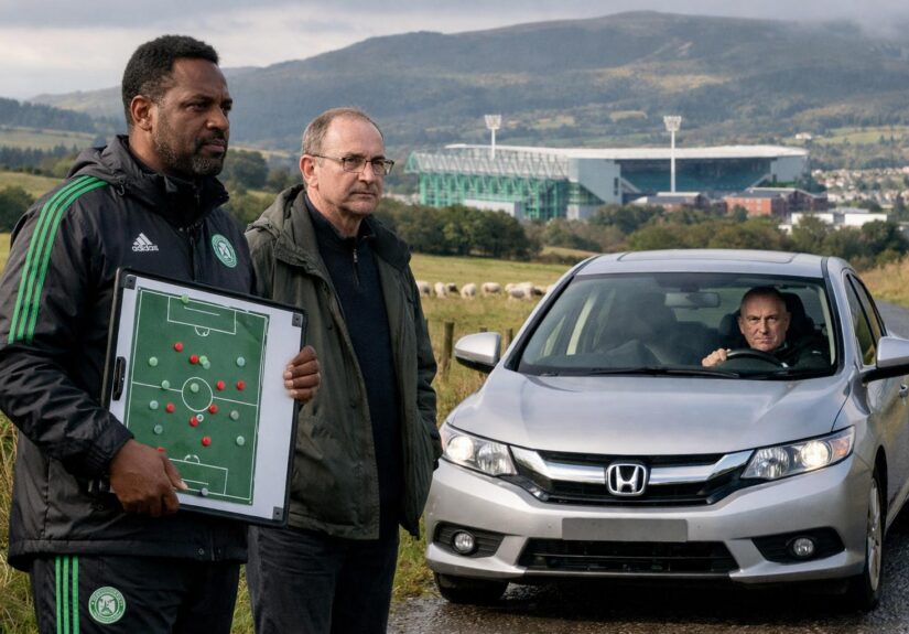 Wilfred Nancy (with a plastic board), Martin O’Neill, Brendan Rodgers Celtic driving a silver honda