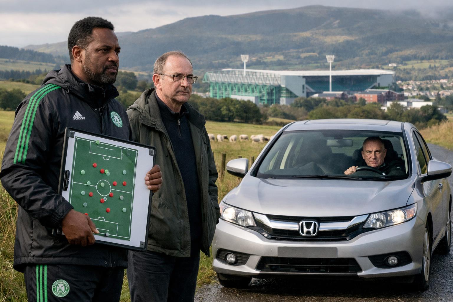 Wilfred Nancy (with a plastic board), Martin O’Neill, Brendan Rodgers Celtic driving a silver honda