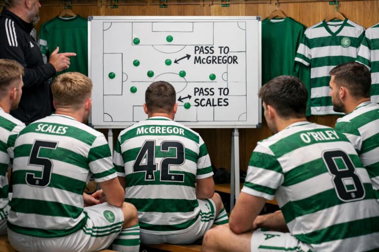 Cartoon of Celtic team sitting in dressing room with a white board of how to win a game and it says, pass to McGregor, pass t