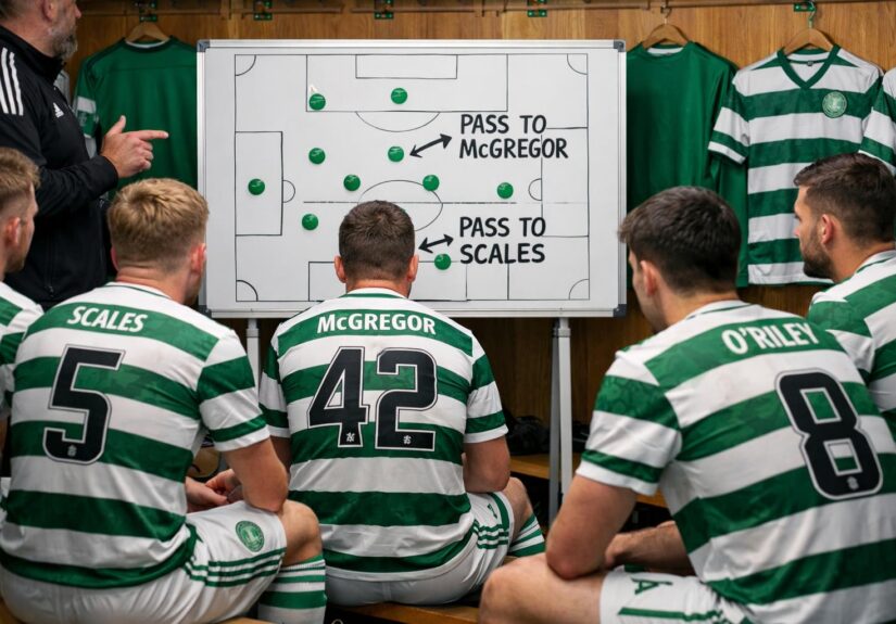 Cartoon of Celtic team sitting in dressing room with a white board of how to win a game and it says, pass to McGregor, pass t