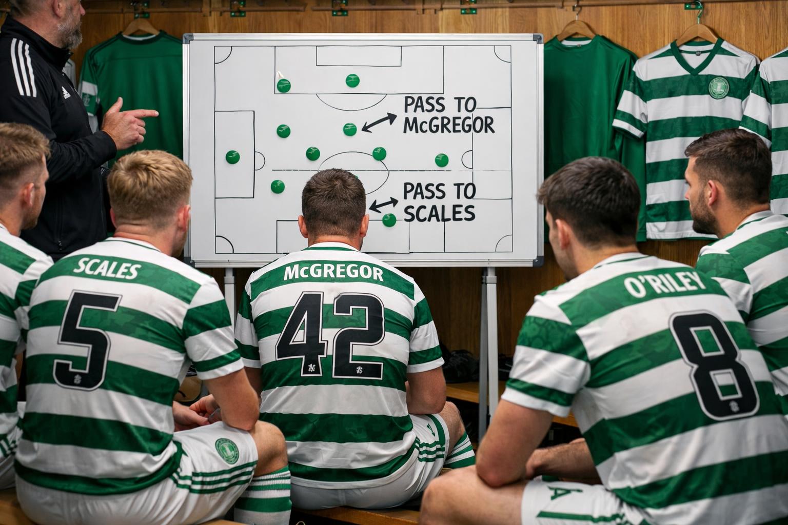 Cartoon of Celtic team sitting in dressing room with a white board of how to win a game and it says, pass to McGregor, pass t