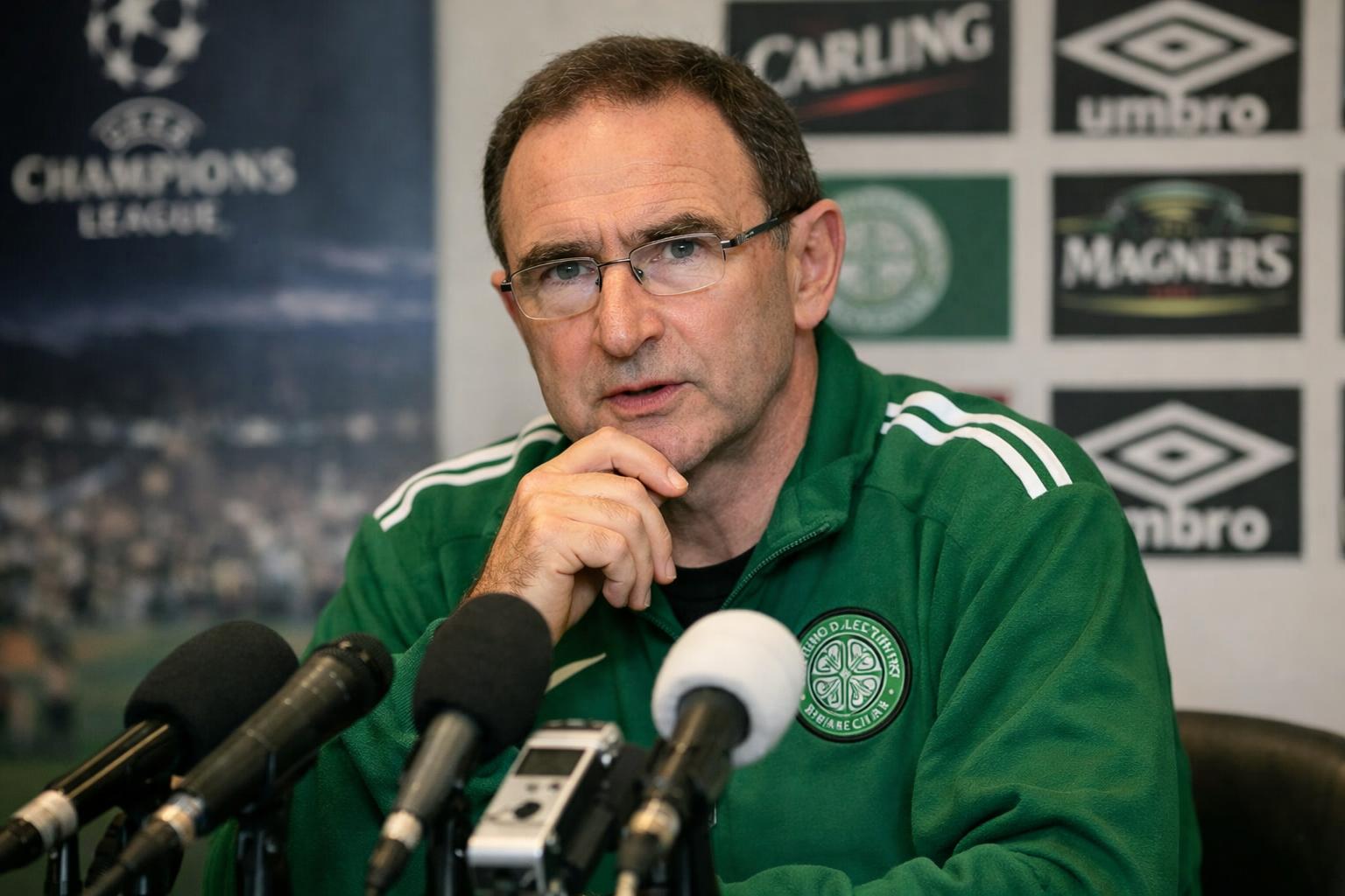 Martin O’Neill in a press conference for Celtic