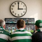 Celtic fans watching tv with a clock saying 3pm