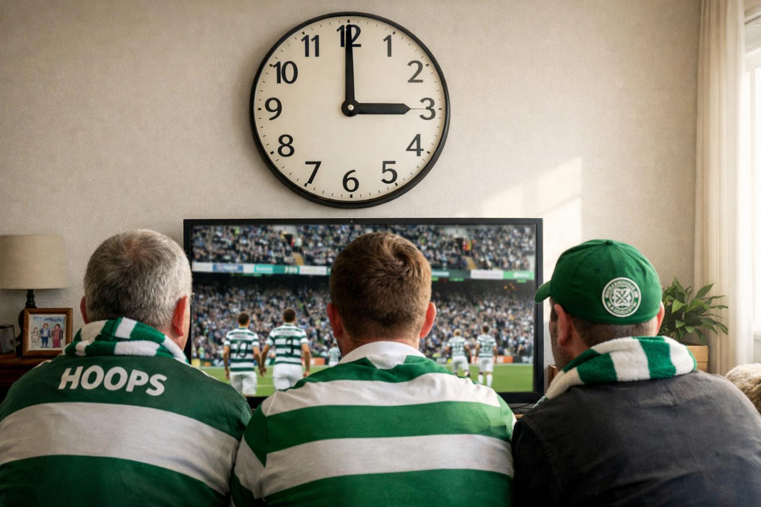 Celtic fans watching tv with a clock saying 3pm