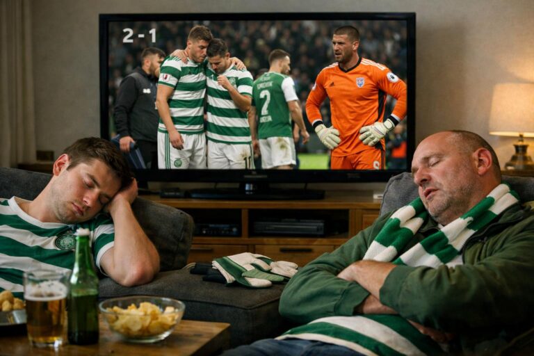 Celtic fans sleeping as Celtic beat Hibernian 2-1 on the tv