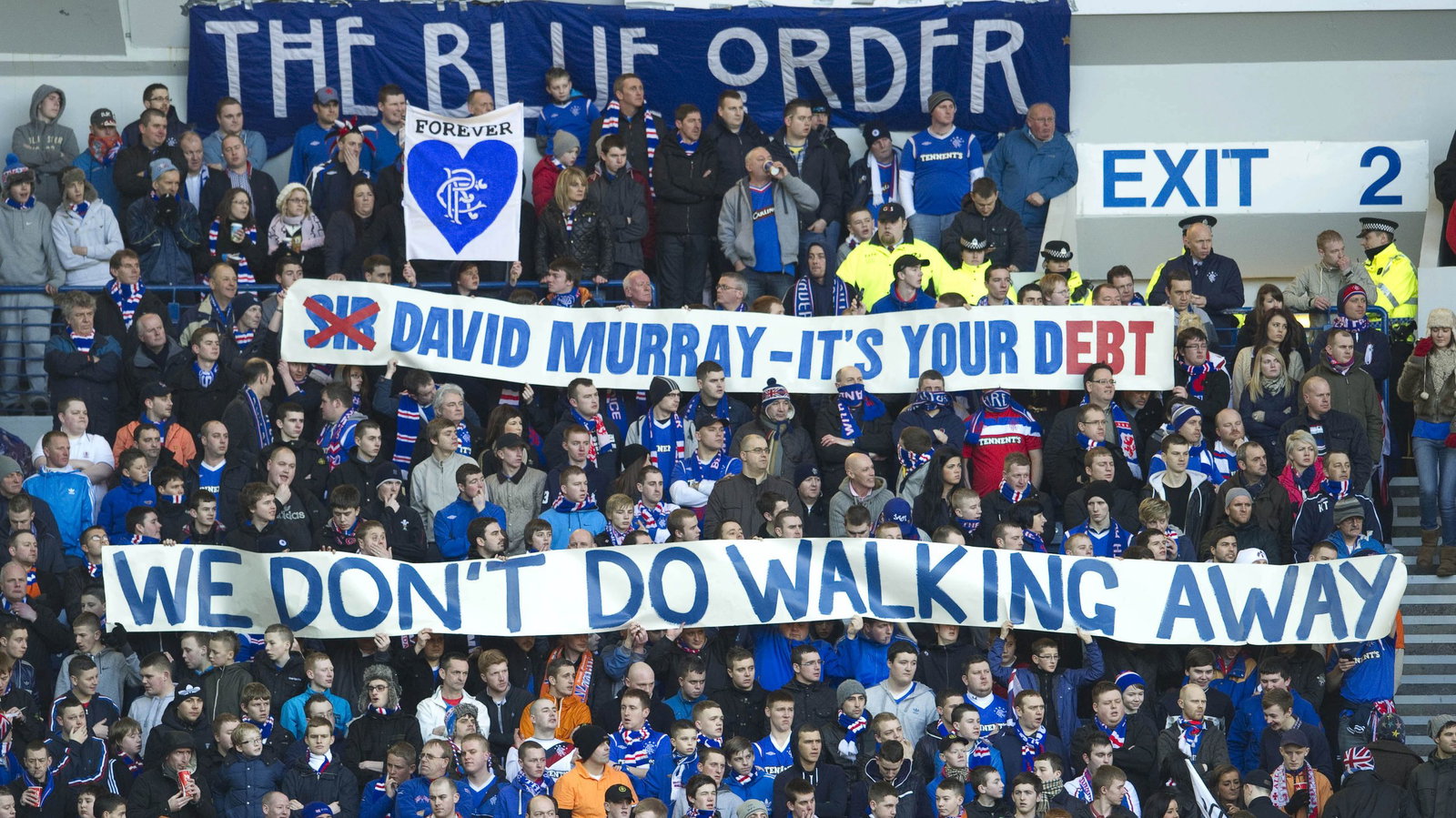 18/02/12 CLYDESDALE BANK PREMIER LEAGUE.RANGERS v KILMARNOCK.IBROX - GLASGOW.Rangers fans show their support while expressing their views towards former owner Sir David Murray