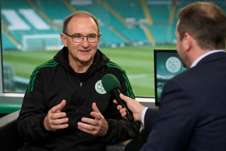 Martin O'Neill being interviewed by Celtic TV in a studio at Celtic Park