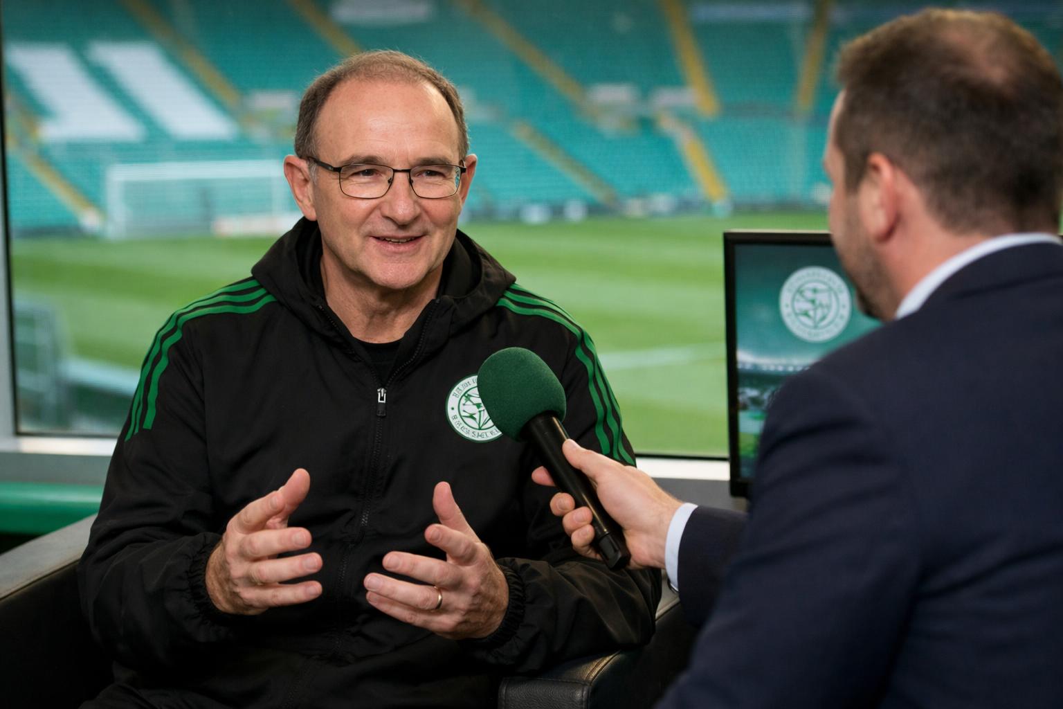 Martin O'Neill being interviewed by Celtic TV in a studio at Celtic Park
